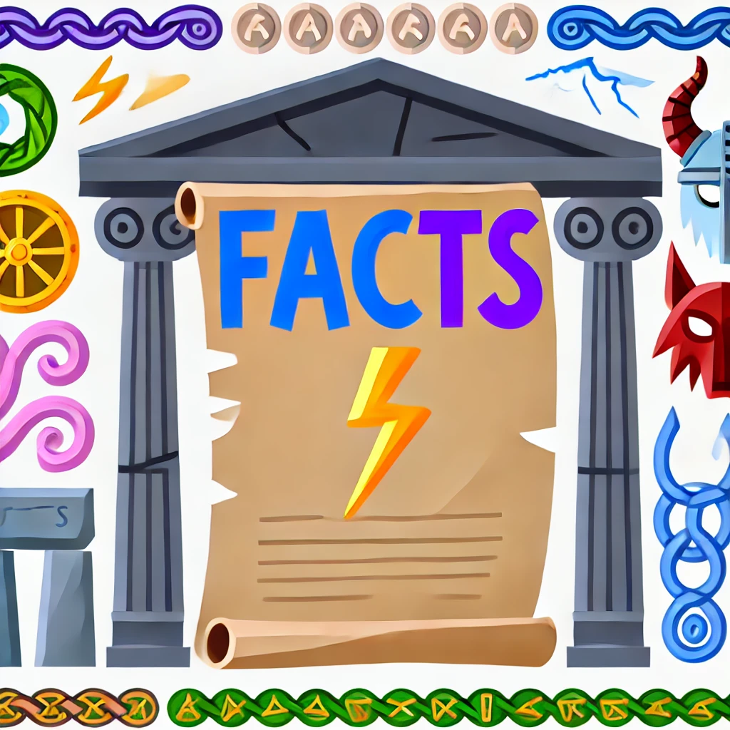 DALL·E 2024-10-04 16.07.28 - Create a cartoon-style illustration for a 'Facts' themed mythology image. The image should include a scroll or parchment with the word 'FACTS' at the