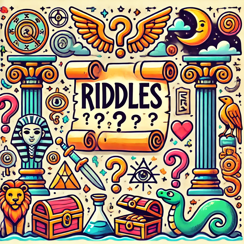 DALL·E 2024-10-04 16.08.34 - Create a cartoon-style illustration for a 'Riddles' themed mythology image. The image should include a scroll or parchment with the word 'RIDDLES' at