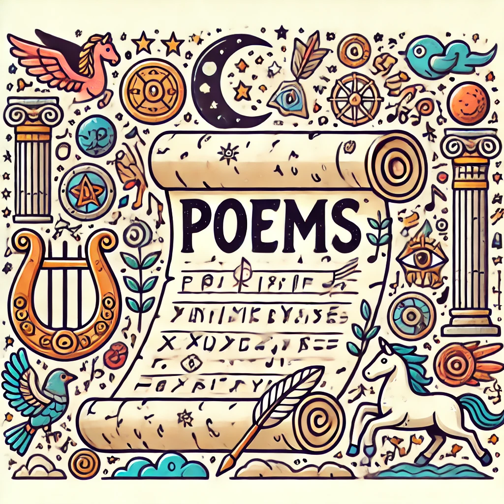 DALL·E 2024-10-04 16.11.28 - Create a cartoon-style illustration for a 'Poems' themed mythology image. The image should include a scroll or parchment with the word 'POEMS' at the