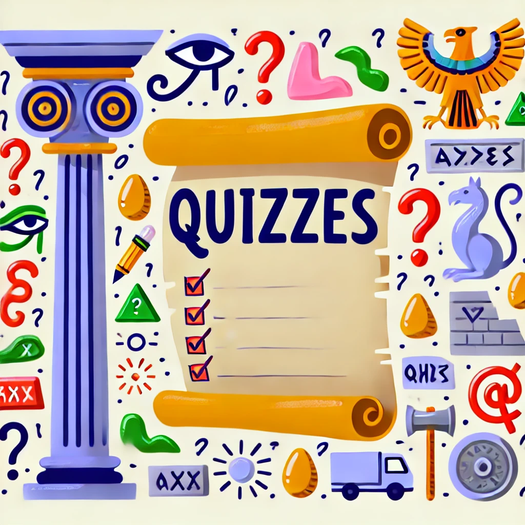 DALL·E 2024-10-04 16.12.12 - Create a cartoon-style illustration for a 'Quizzes' themed mythology image. The image should include a scroll or parchment with the word 'QUIZZES' at